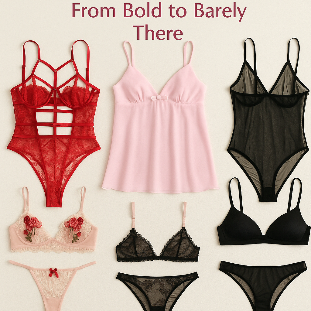 A curated lingerie collection featuring bold red lace bodysuits, delicate floral bralettes, sheer black one-pieces, and soft pink nighties — from daring to minimal styles at SofiasRunway.com
