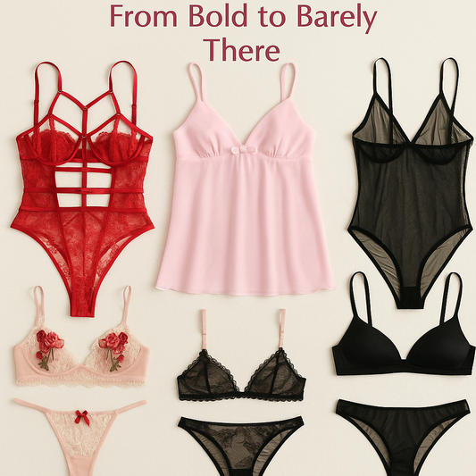 A curated lingerie collection featuring bold red lace bodysuits, delicate floral bralettes, sheer black one-pieces, and soft pink nighties — from daring to minimal styles at SofiasRunway.com